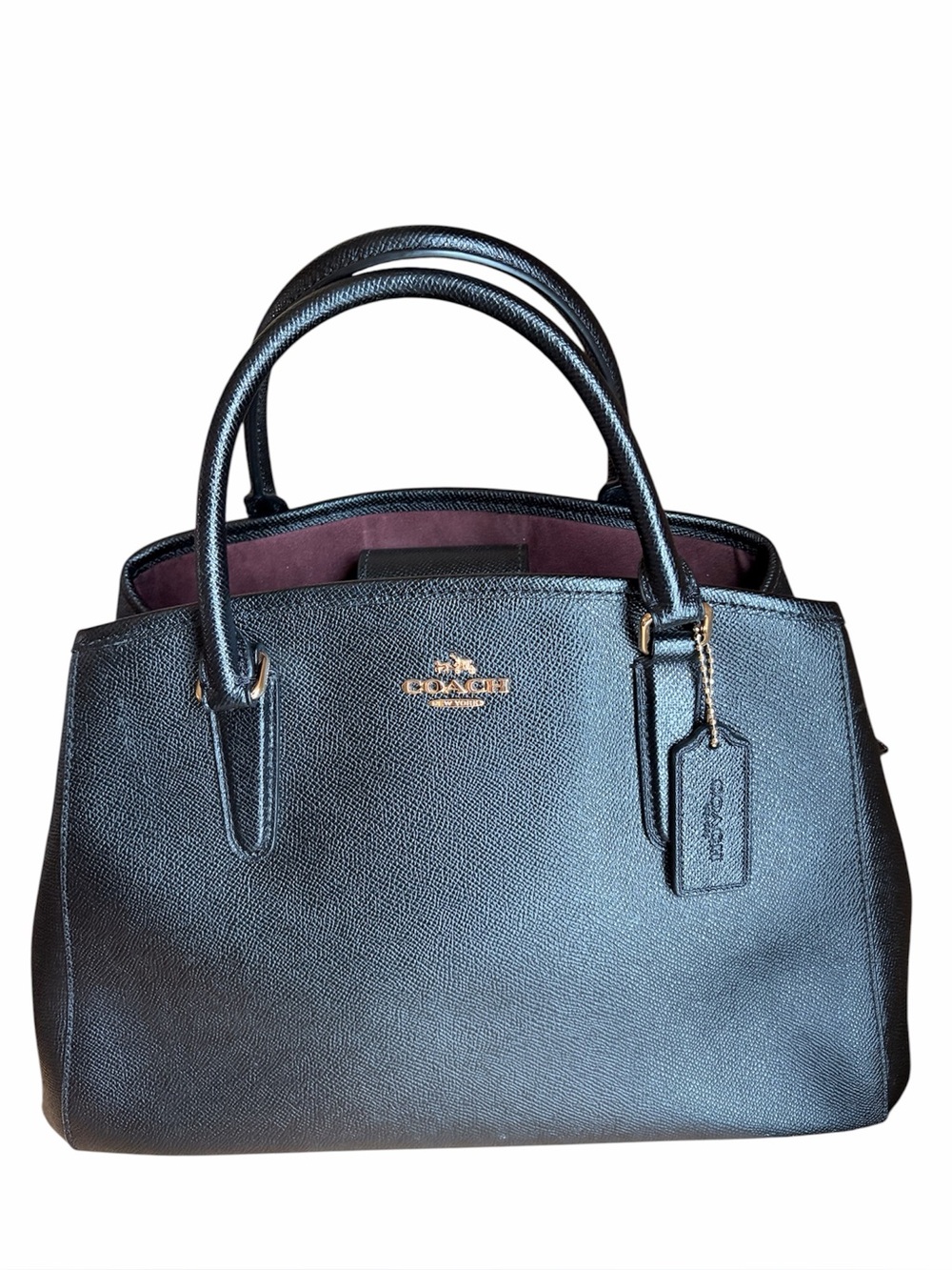 Coach Margot Black Leather Satchel with Burgundy Interior Trim